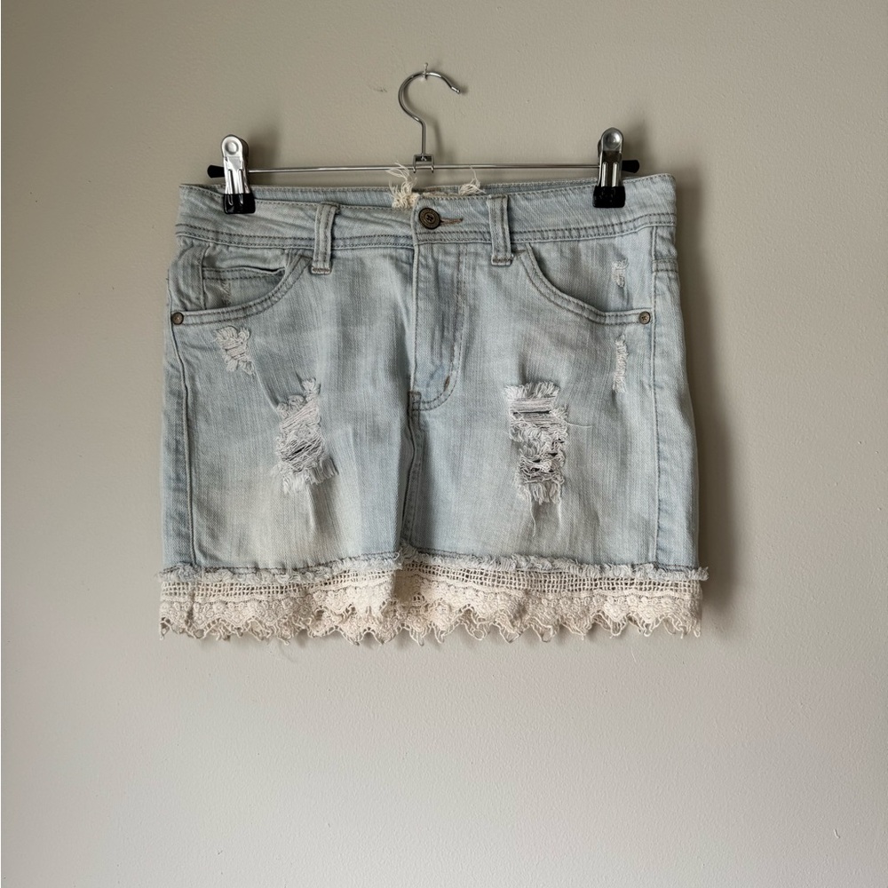 Altar'd State Denim Skirt Lightwash Crochet Lace Mini Summer Womens